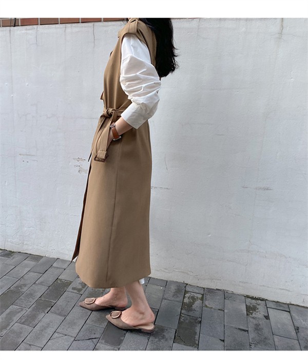 トレンチ ジレ ベスト レディース ライトアウター 春秋 羽織 ベルト ロング丈 ゆったり ノースリーブ 通勤 無地 大きい おしゃれ 
