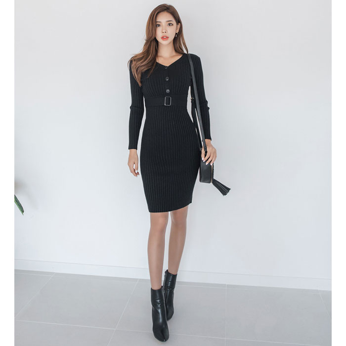 前ボタンハイウエストベルト 膝丈長袖ニットワンピース 黒 タイトニット 大人 上品 服 韓国 レディース カジュアル 