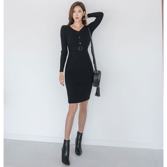 前ボタンハイウエストベルト 膝丈長袖ニットワンピース 黒 タイトニット 大人 上品 服 韓国 レディース カジュアル 