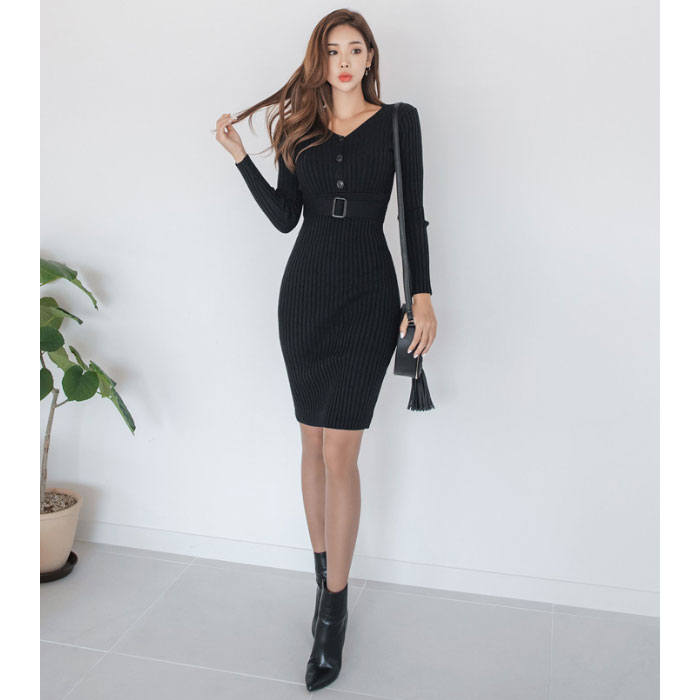 前ボタンハイウエストベルト 膝丈長袖ニットワンピース 黒 タイトニット 大人 上品 服 韓国 レディース カジュアル 
