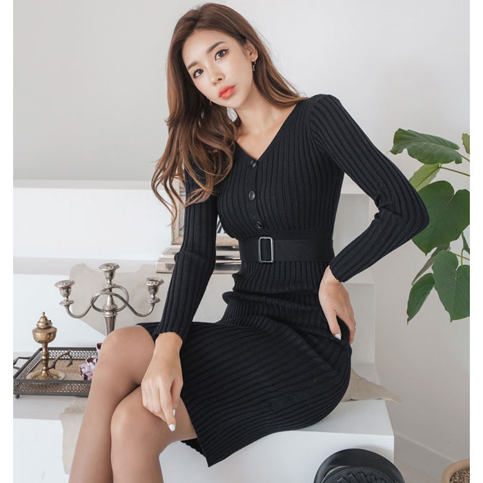 前ボタンハイウエストベルト 膝丈長袖ニットワンピース 黒 タイトニット 大人 上品 服 韓国 レディース カジュアル 