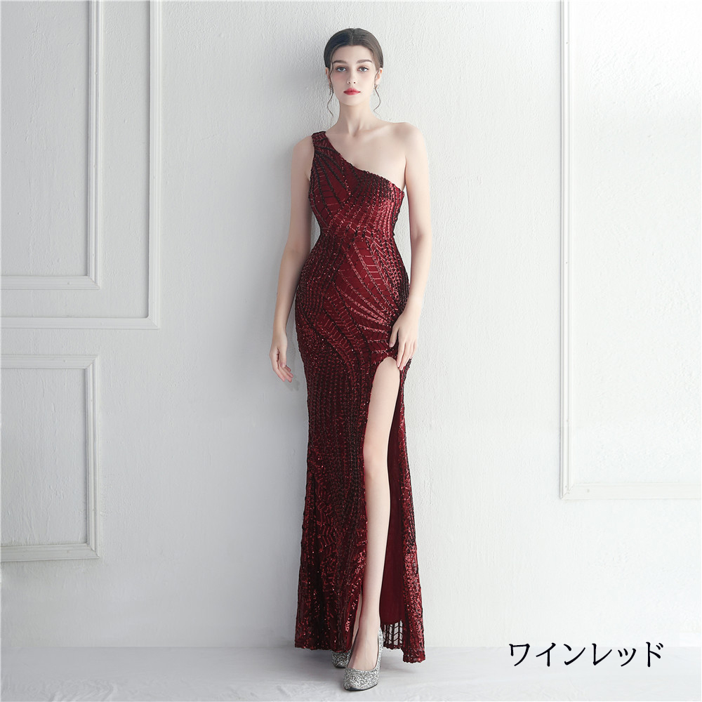 カラードレス ワンショルダー スリット パーティードレス ウェディングドレス 結婚式 小さいサイズ 二次会 発表会 大きいサイズ 