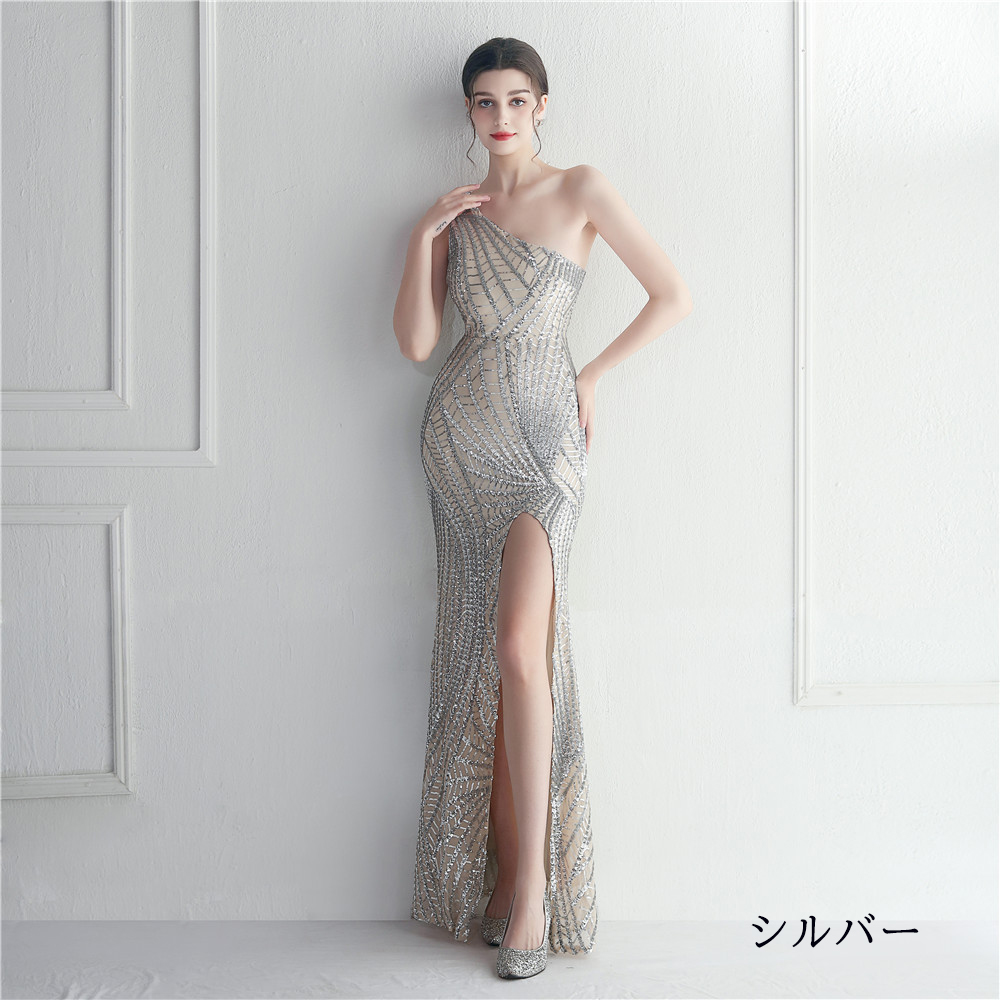 カラードレス ワンショルダー スリット パーティードレス ウェディングドレス 結婚式 小さいサイズ 二次会 発表会 大きいサイズ 