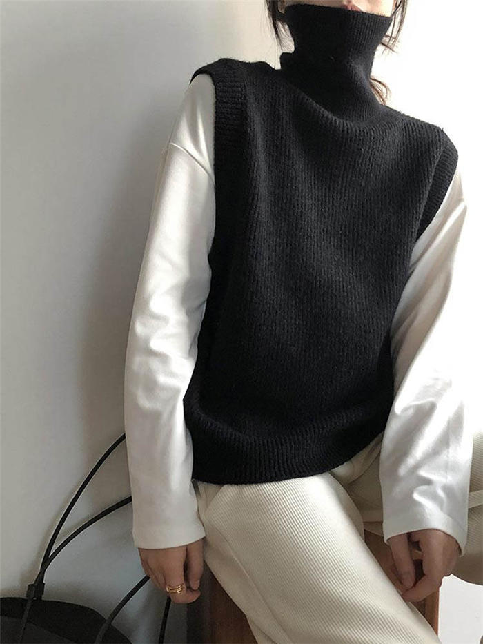 ニット ベスト ハイネック ニット ベスト レディース 大きいサイズ ノースリーブ トップス セーター ニットトップス リブ 秋冬 ニットベスト タートルネック 