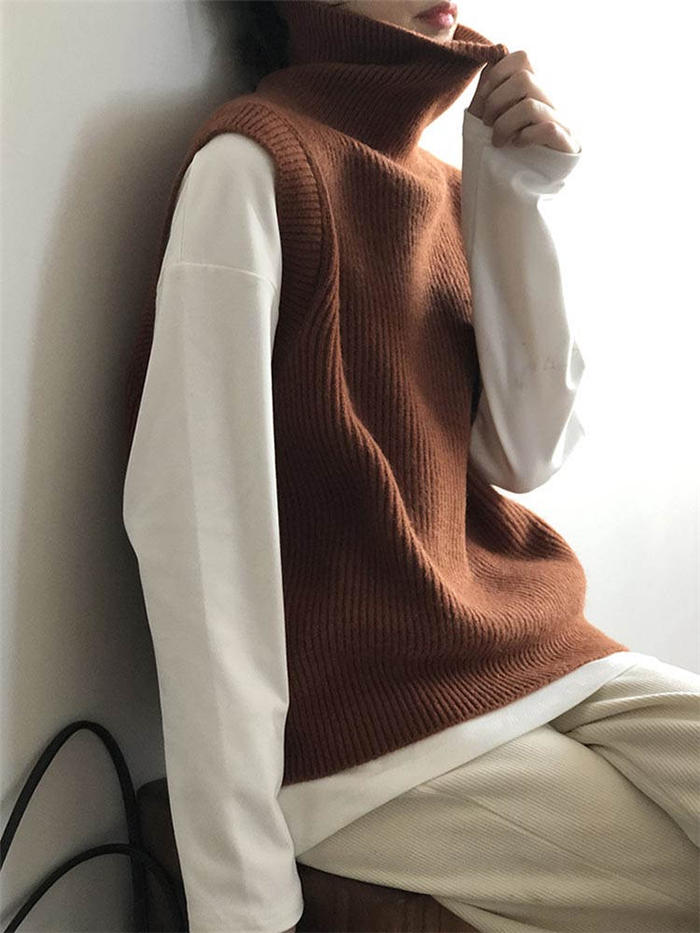 ニット ベスト ハイネック ニット ベスト レディース 大きいサイズ ノースリーブ トップス セーター ニットトップス リブ 秋冬 ニットベスト タートルネック 