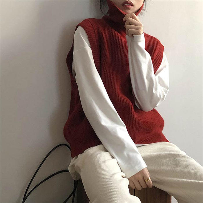 ニット ベスト ハイネック ニット ベスト レディース 大きいサイズ ノースリーブ トップス セーター ニットトップス リブ 秋冬 ニットベスト タートルネック 