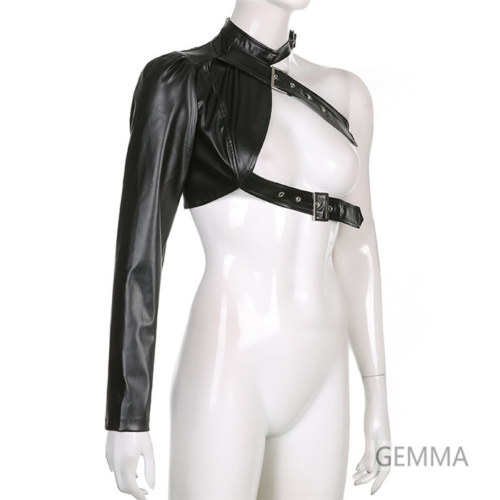 ダンストップス 片袖 ワンショルダー レディース ステージ衣装 PU革 ブラウン ヒップホップ トップス ブラック 黒 ダンス衣装 レザー 舞台衣装 イベント 