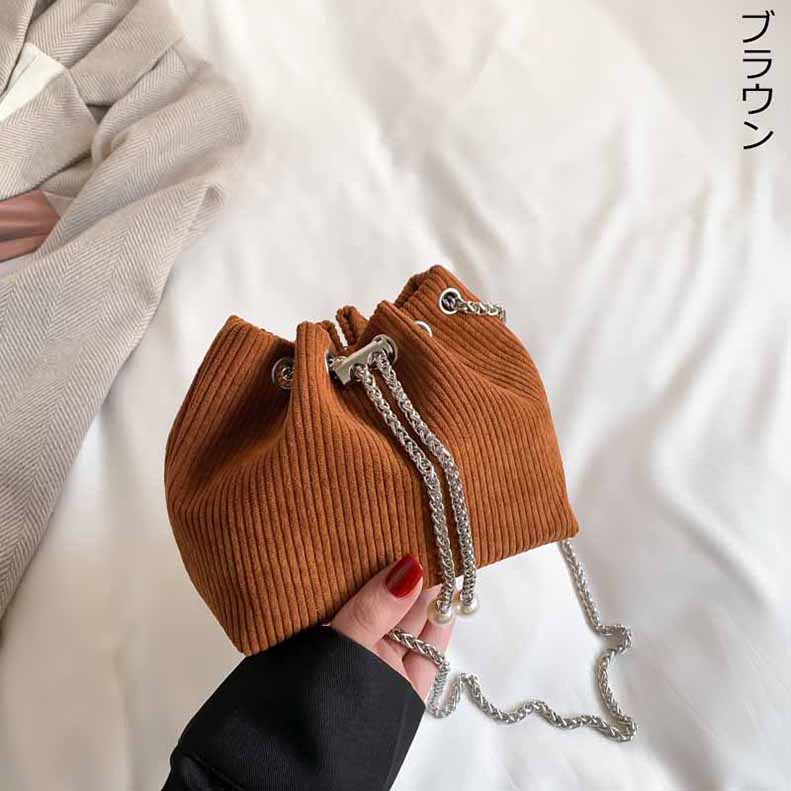 ショルダー バッグ ミニバッグ 巾着バッグ コーデュロイ チェーン 巾着 レディース ベロア ポシェット サブバグ 韓国 パール 