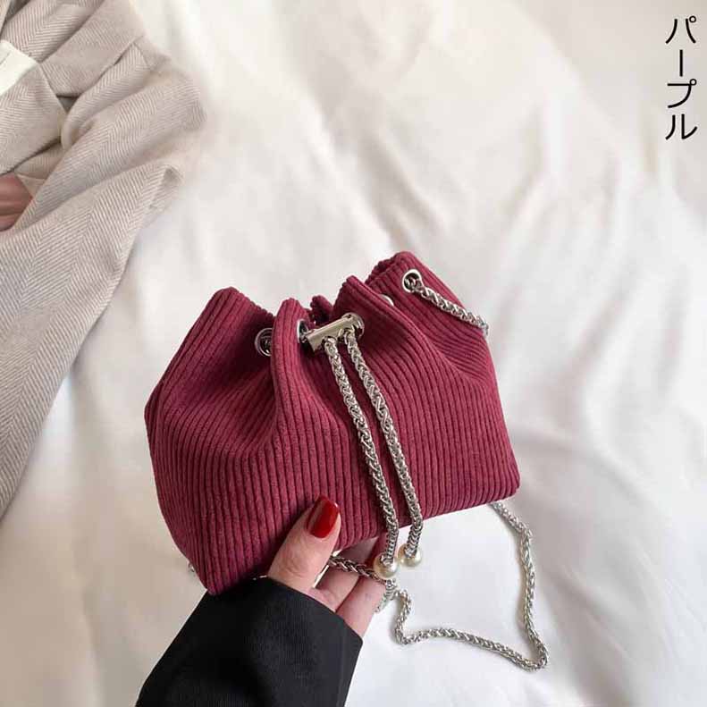 ショルダー バッグ ミニバッグ 巾着バッグ コーデュロイ チェーン 巾着 レディース ベロア ポシェット サブバグ 韓国 パール 
