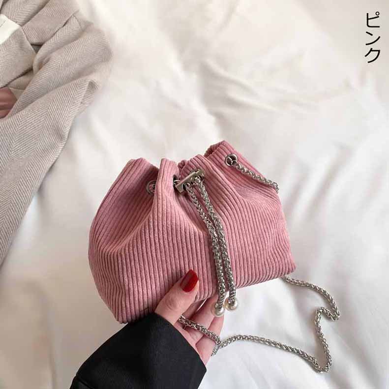 ショルダー バッグ ミニバッグ 巾着バッグ コーデュロイ チェーン 巾着 レディース ベロア ポシェット サブバグ 韓国 パール 