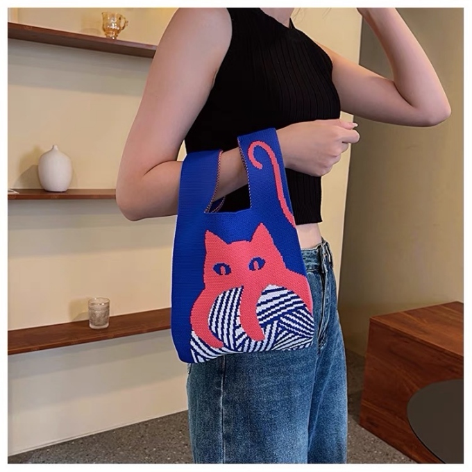 選べる65柄 ニット バッグ ミニ トートバッグ ニットバッグ バッグ かばん ネコ 小さめ ねこ 大きな柄 レディース アニマル ミニトート 猫 マルシェバック 動物 