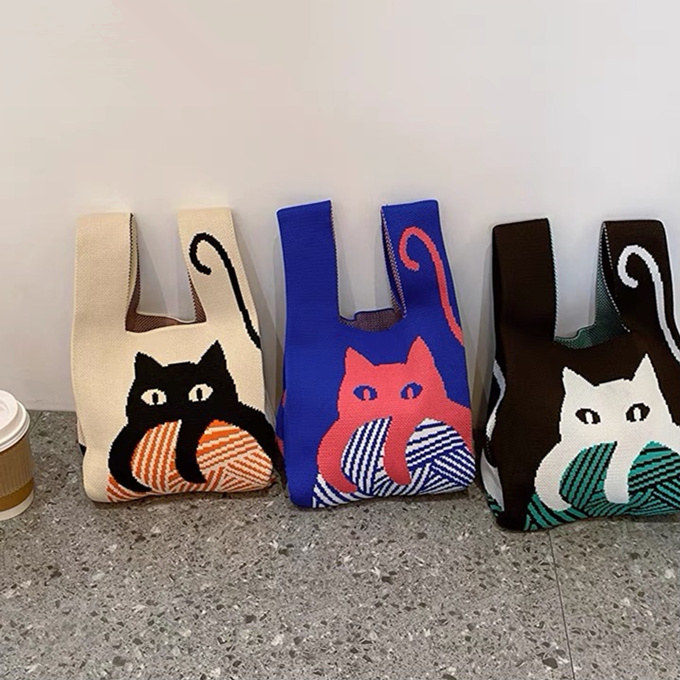 選べる65柄 ニット バッグ ミニ トートバッグ ニットバッグ バッグ かばん ネコ 小さめ ねこ 大きな柄 レディース アニマル ミニトート 猫 マルシェバック 動物 