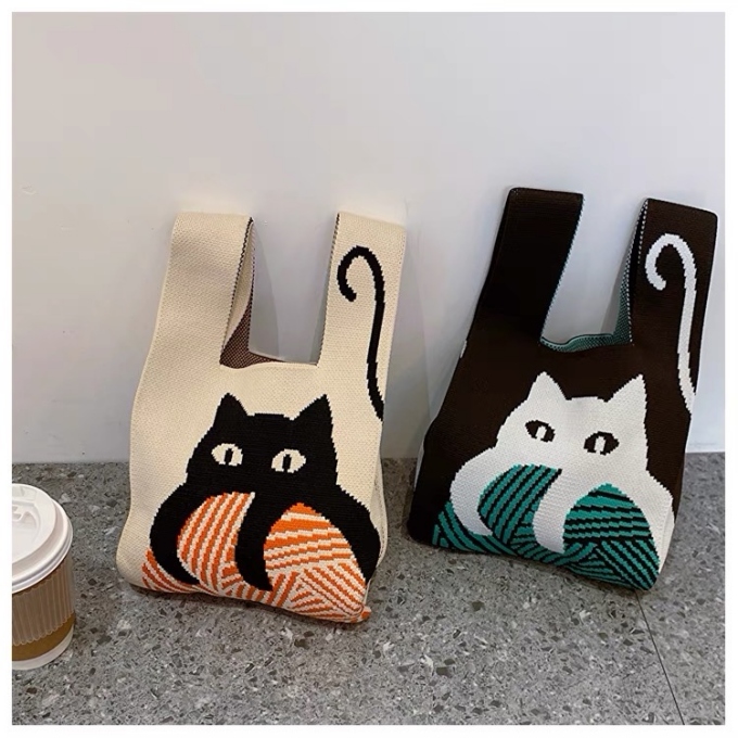 選べる65柄 ニット バッグ ミニ トートバッグ ニットバッグ バッグ かばん ネコ 小さめ ねこ 大きな柄 レディース アニマル ミニトート 猫 マルシェバック 動物 