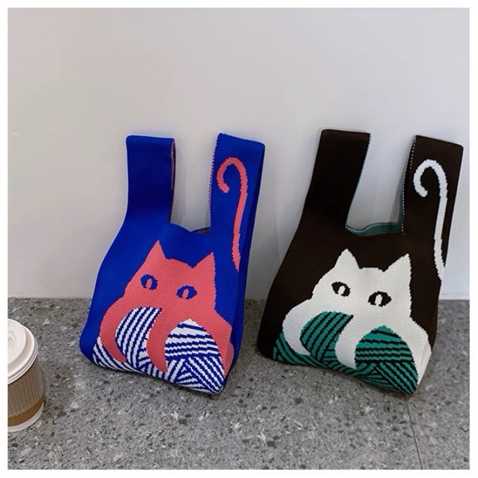 選べる65柄 ニット バッグ ミニ トートバッグ ニットバッグ バッグ かばん ネコ 小さめ ねこ 大きな柄 レディース アニマル ミニトート 猫 マルシェバック 動物 
