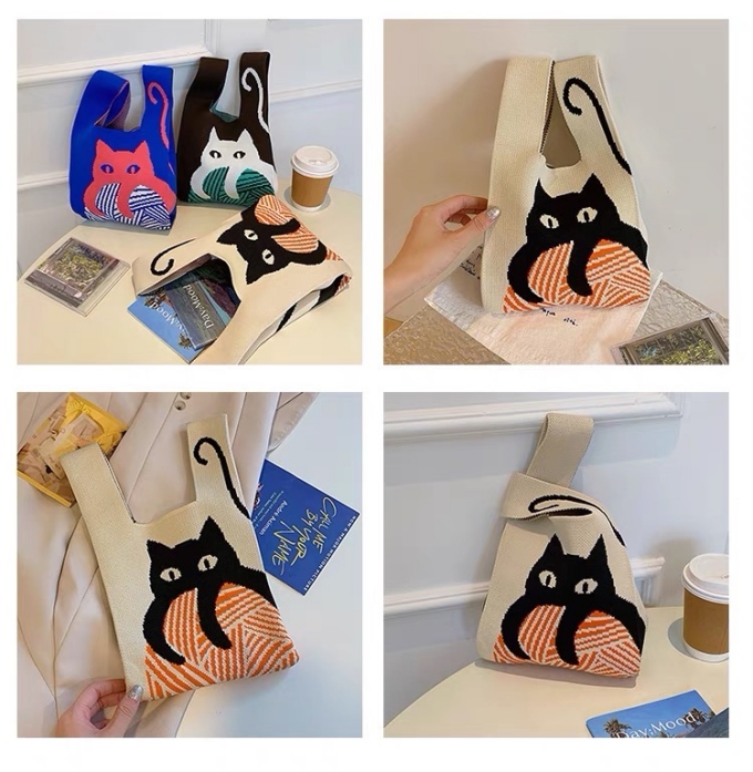 選べる65柄 ニット バッグ ミニ トートバッグ ニットバッグ バッグ かばん ネコ 小さめ ねこ 大きな柄 レディース アニマル ミニトート 猫 マルシェバック 動物 