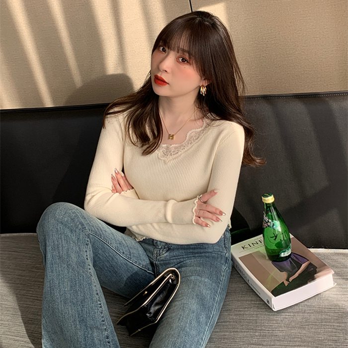 ニット Vネック レディース 長袖 インナー トップス きれいめ レースニット シンプル 秋冬 リブニット カジュアル セーター ニットトップス 