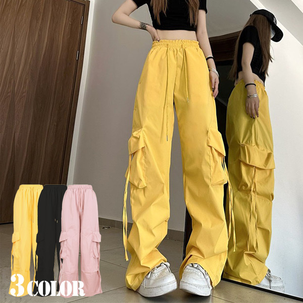あり カーゴパンツ ワイドパンツ ドロストパンツ カラーパンツ 軽量 韓国ファッション ヒップホップ 衣装 パンツ 服 無地 コスチューム ダンス 大きいサイズ 