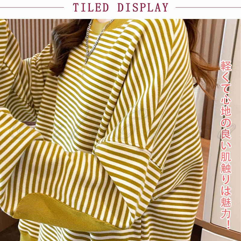 ボーダー柄 スウェット レディース 切り替え トレーナー 配色 トップス 春 長袖 おしゃれ プルオーバー ルーズフィット 送料無料 体型カバー 冬 秋 ゆったり 