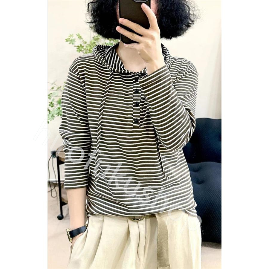 長袖Tシャツ フード付き レディース トップス カットソー プルオーバー 薄地 カジュアル 個性的 スウェット ボーダー ゆったり 配色 