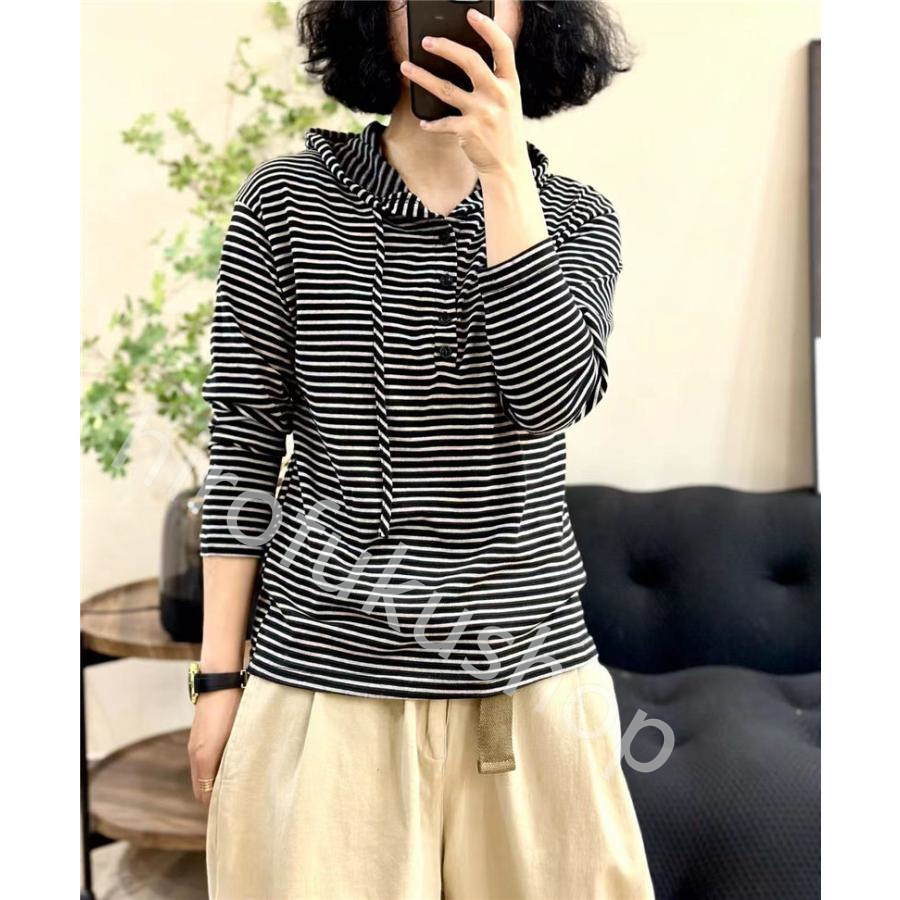 長袖Tシャツ フード付き レディース トップス カットソー プルオーバー 薄地 カジュアル 個性的 スウェット ボーダー ゆったり 配色 