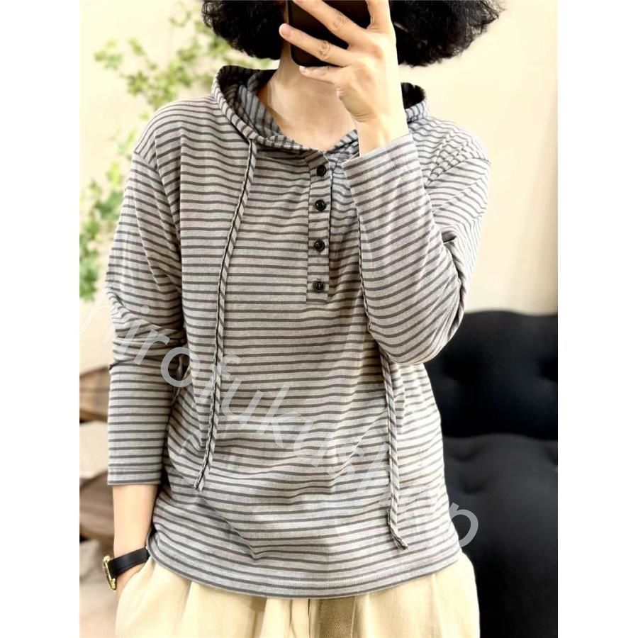 長袖Tシャツ フード付き レディース トップス カットソー プルオーバー 薄地 カジュアル 個性的 スウェット ボーダー ゆったり 配色 