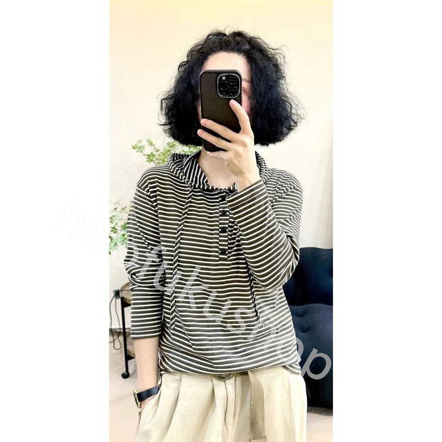 長袖Tシャツ フード付き レディース トップス カットソー プルオーバー 薄地 カジュアル 個性的 スウェット ボーダー ゆったり 配色 