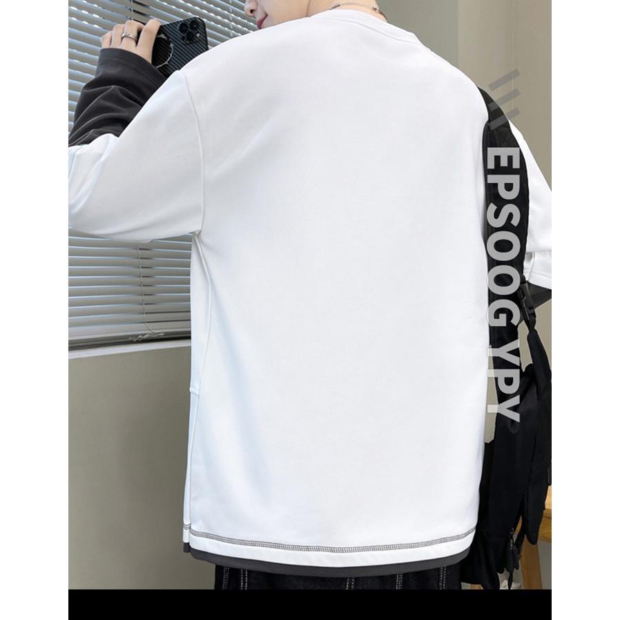 トレーナー レイヤード風Tシャツ 重ね着風 メンズ トップス 切り替え オシャレ クルーネック 長袖 プルオーバー スウェット 