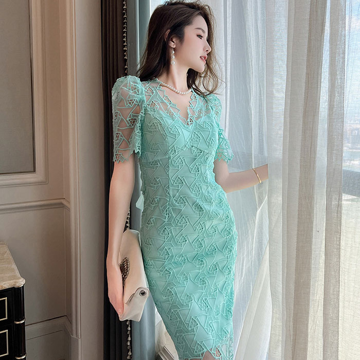 シースルーレース刺繍 半袖タイト膝丈ドレスワンピース 緑 結婚式 パーティー キャバ ドレス 韓国 スナック 