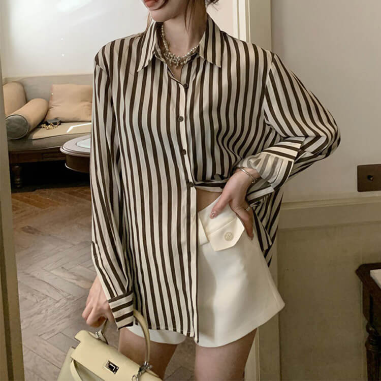 ブラウス レディース 長袖 ストライプ 柄 韓国 てろんと感 オーバーサイズ ゆったり ロング丈 おしゃれ 春 秋 エレクール 