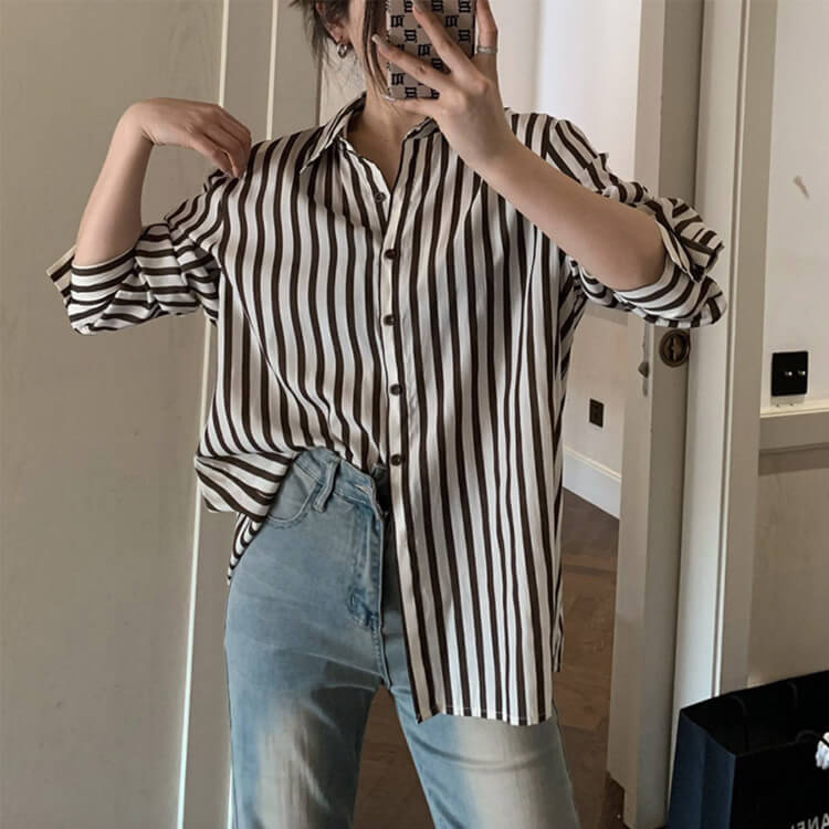 ブラウス レディース 長袖 ストライプ 柄 韓国 てろんと感 オーバーサイズ ゆったり ロング丈 おしゃれ 春 秋 エレクール 