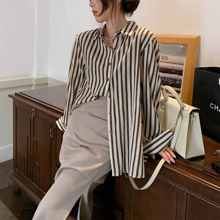 ブラウス レディース 長袖 ストライプ 柄 韓国 てろんと感 オーバーサイズ ゆったり ロング丈 おしゃれ 春 秋 エレクール 