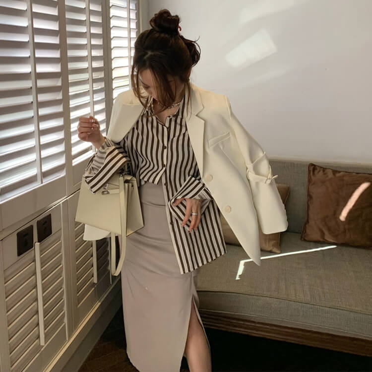 ブラウス レディース 長袖 ストライプ 柄 韓国 てろんと感 オーバーサイズ ゆったり ロング丈 おしゃれ 春 秋 エレクール 