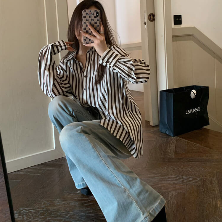 ブラウス レディース 長袖 ストライプ 柄 韓国 てろんと感 オーバーサイズ ゆったり ロング丈 おしゃれ 春 秋 エレクール 