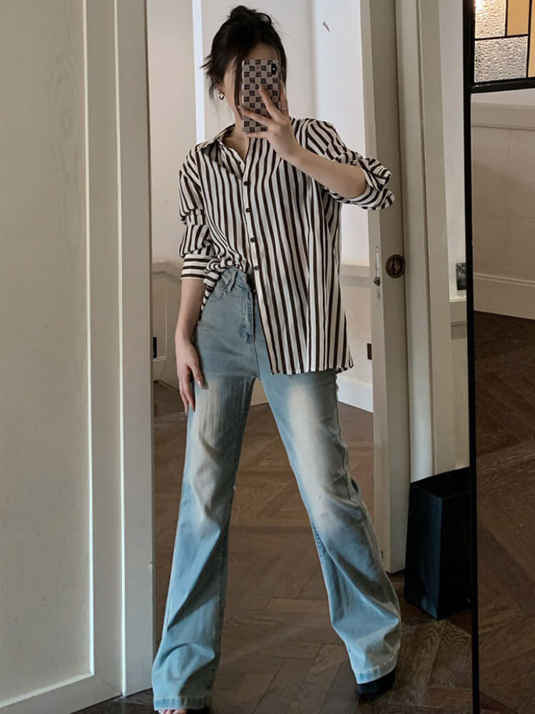 ブラウス レディース 長袖 ストライプ 柄 韓国 てろんと感 オーバーサイズ ゆったり ロング丈 おしゃれ 春 秋 エレクール 
