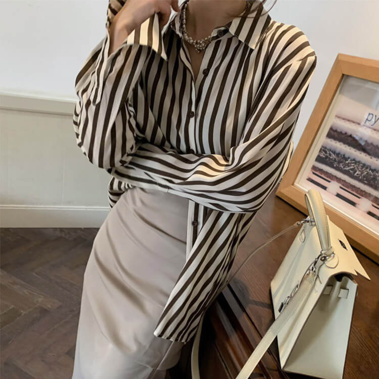 ブラウス レディース 長袖 ストライプ 柄 韓国 てろんと感 オーバーサイズ ゆったり ロング丈 おしゃれ 春 秋 エレクール 