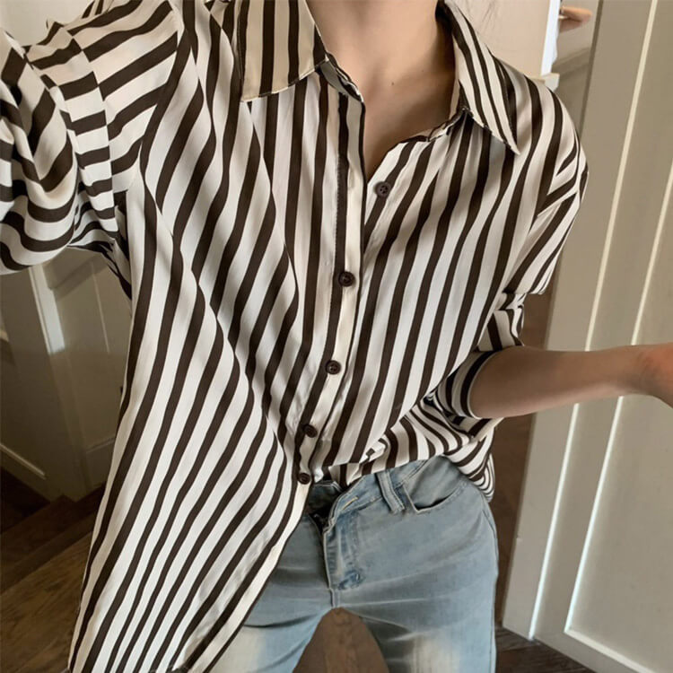 ブラウス レディース 長袖 ストライプ 柄 韓国 てろんと感 オーバーサイズ ゆったり ロング丈 おしゃれ 春 秋 エレクール 