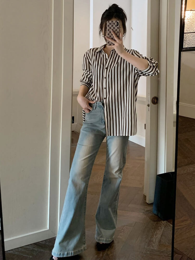 ブラウス レディース 長袖 ストライプ 柄 韓国 てろんと感 オーバーサイズ ゆったり ロング丈 おしゃれ 春 秋 エレクール 