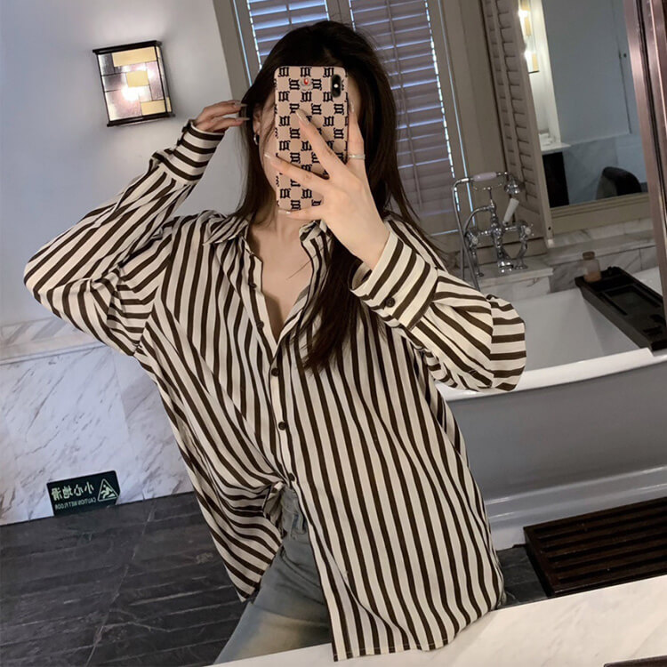 ブラウス レディース 長袖 ストライプ 柄 韓国 てろんと感 オーバーサイズ ゆったり ロング丈 おしゃれ 春 秋 エレクール 