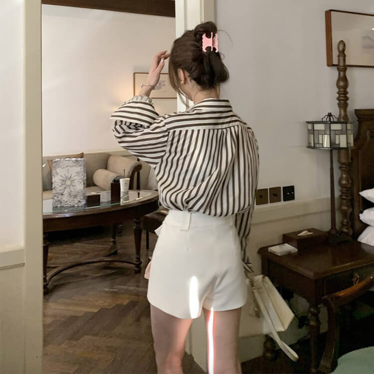 ブラウス レディース 長袖 ストライプ 柄 韓国 てろんと感 オーバーサイズ ゆったり ロング丈 おしゃれ 春 秋 エレクール 