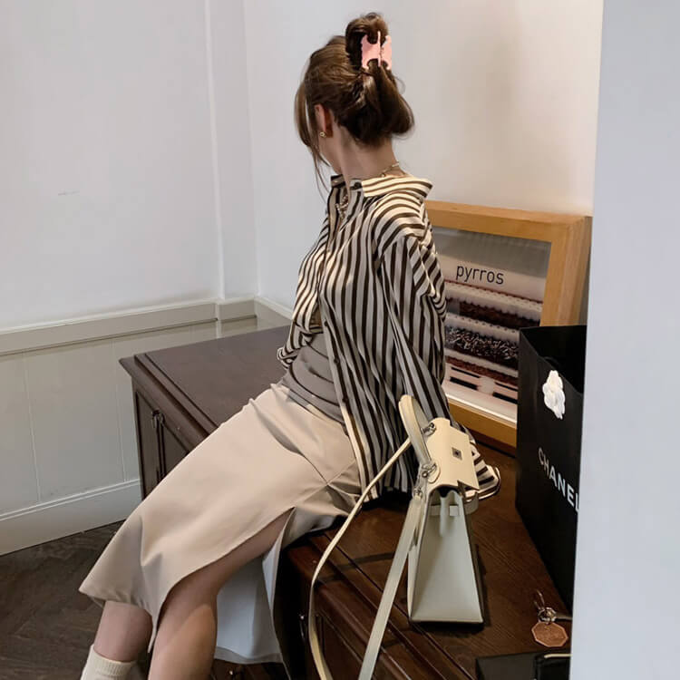 ブラウス レディース 長袖 ストライプ 柄 韓国 てろんと感 オーバーサイズ ゆったり ロング丈 おしゃれ 春 秋 エレクール 