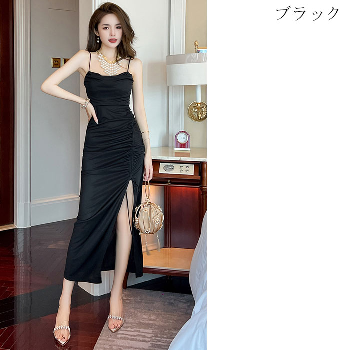シンプルノースリーブ 深スリットロングタイトドレスワンピース 黒 緑 セクシー タイト ドレス 服 韓国 レディース 