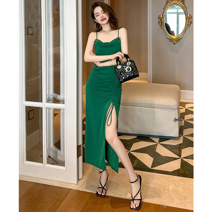 シンプルノースリーブ 深スリットロングタイトドレスワンピース 黒 緑 セクシー タイト ドレス 服 韓国 レディース 