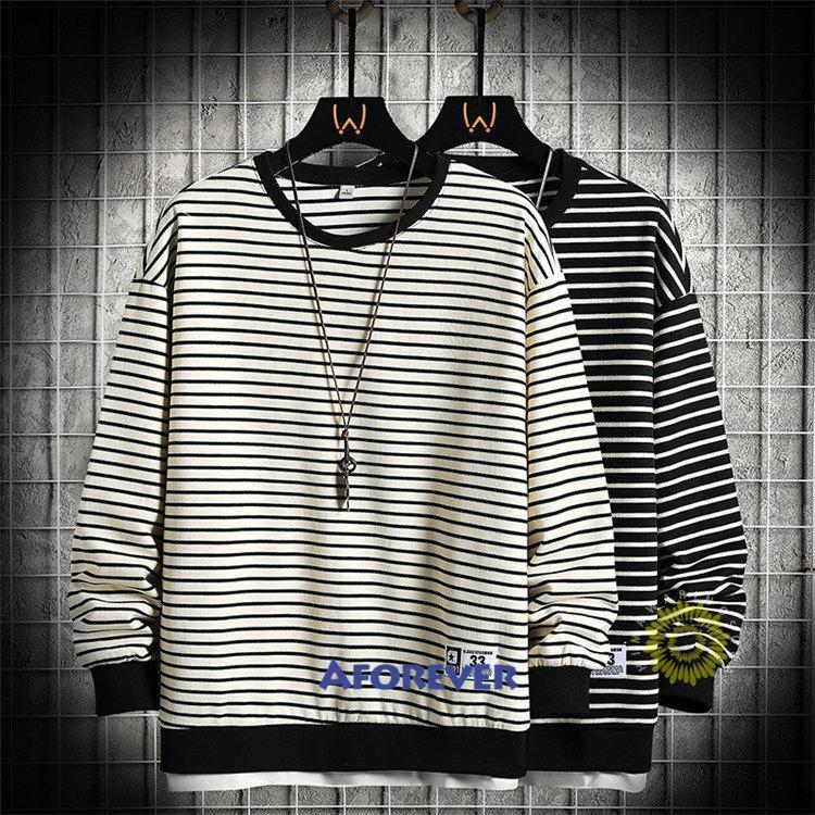 トレーナー メンズ 長袖 スウェットシャツ プルオーバー 丸首 秋 ストライプ柄 秋服 カジュアル メンズファッション 秋コーデ トップス 