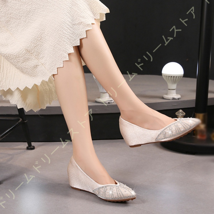 きれいめ パンプス ポインテッドトゥ 安定感 キラキラパンプス ウェッジソール 5CM スリッポン 痛くない 歩きやすい 通気性 走れる 脱げない 幅広 美脚 