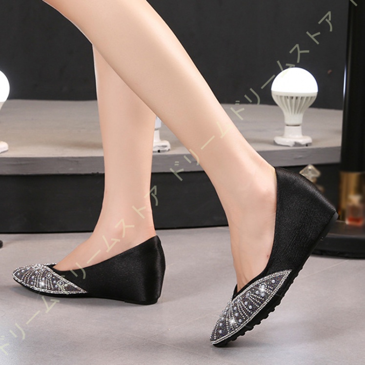 きれいめ パンプス ポインテッドトゥ 安定感 キラキラパンプス ウェッジソール 5CM スリッポン 痛くない 歩きやすい 通気性 走れる 脱げない 幅広 美脚 