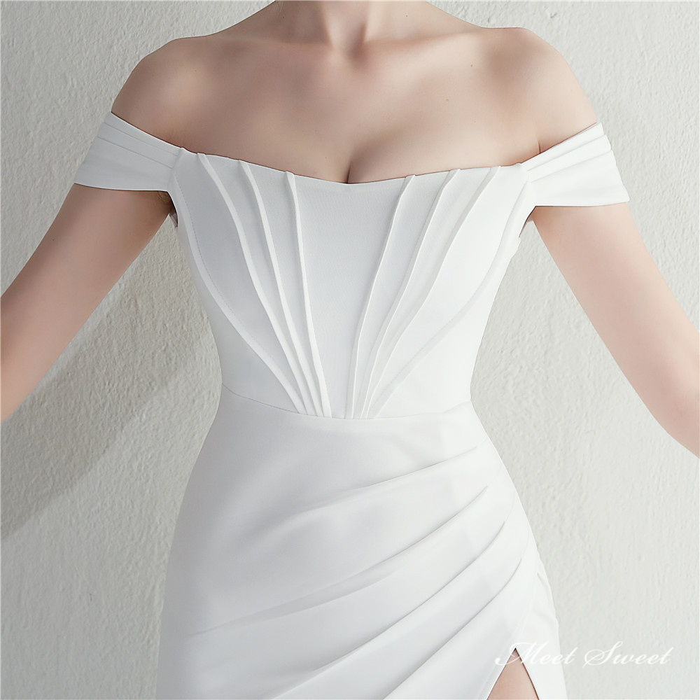 ドレス スレンダードレス パーティードレス オフショルダー スリット イブニングドレス ウェディングドレス サテン ファスナー 結婚式 発表会 二次会 