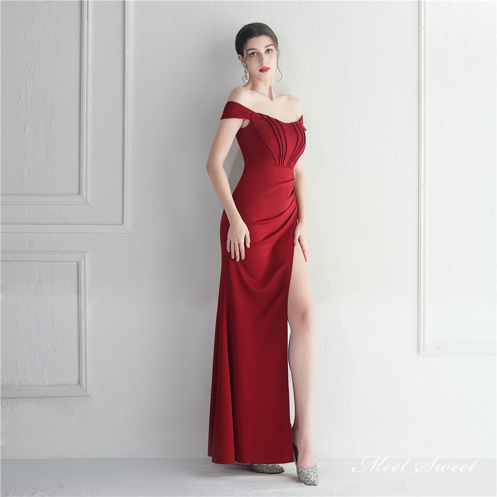 ドレス スレンダードレス パーティードレス オフショルダー スリット イブニングドレス ウェディングドレス サテン ファスナー 結婚式 発表会 二次会 