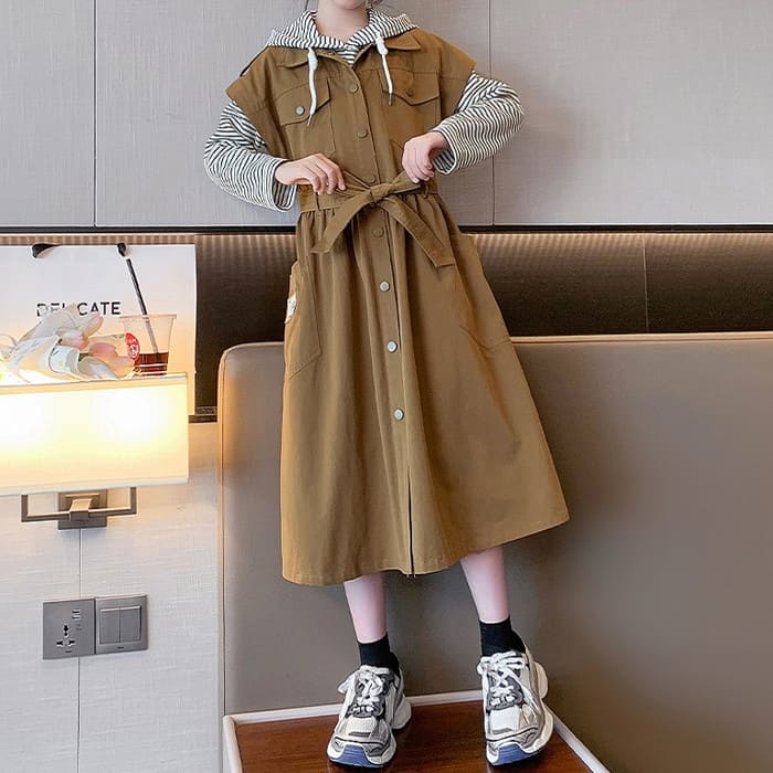 小学生 セットアップ キッズ 女の子 ボーダーワンピース 2点セット 可愛い カジュアル 通学 長袖 春秋 韓国 ツーピース ガーダンス 