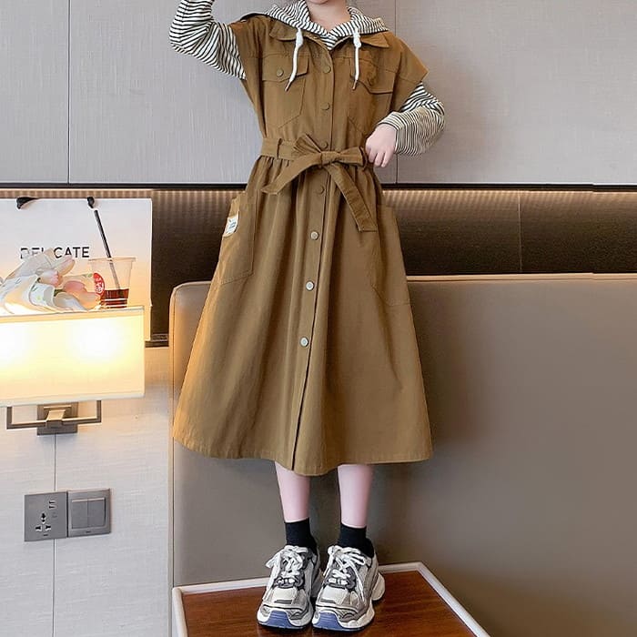 小学生 セットアップ キッズ 女の子 ボーダーワンピース 2点セット 可愛い カジュアル 通学 長袖 春秋 韓国 ツーピース ガーダンス 