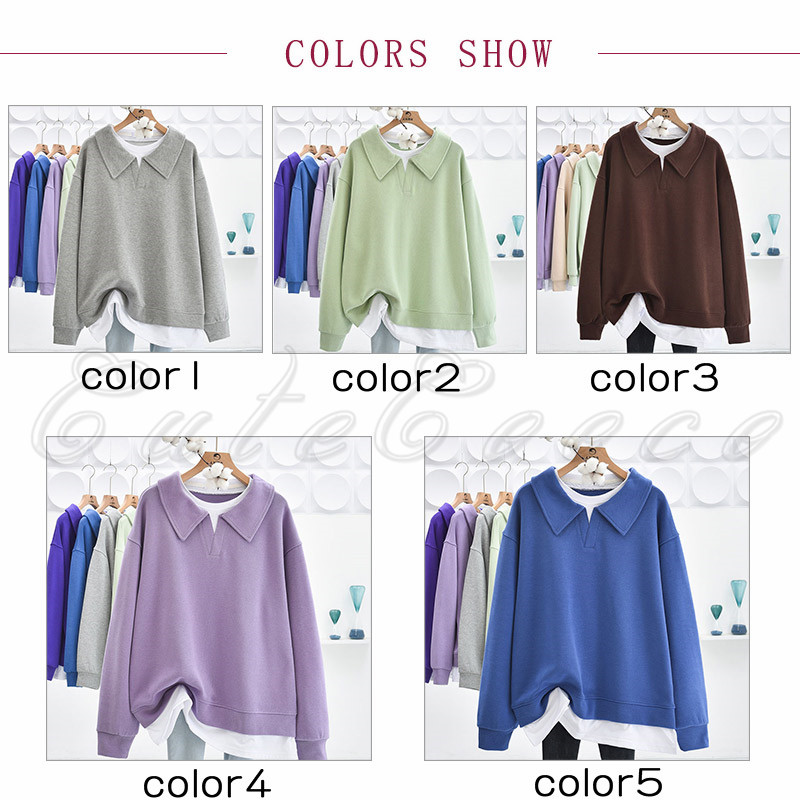 重ね着風トレーナー 重ね レディース ポロ襟 スウェット トップス 秋 冬 プルオーバー 体型カバー ゆったり 送料無料 大きいサイズ 春 無地 